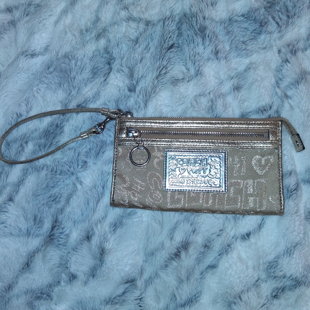 Coach Poppy Gold Metallic Wristlet with Silver Accents